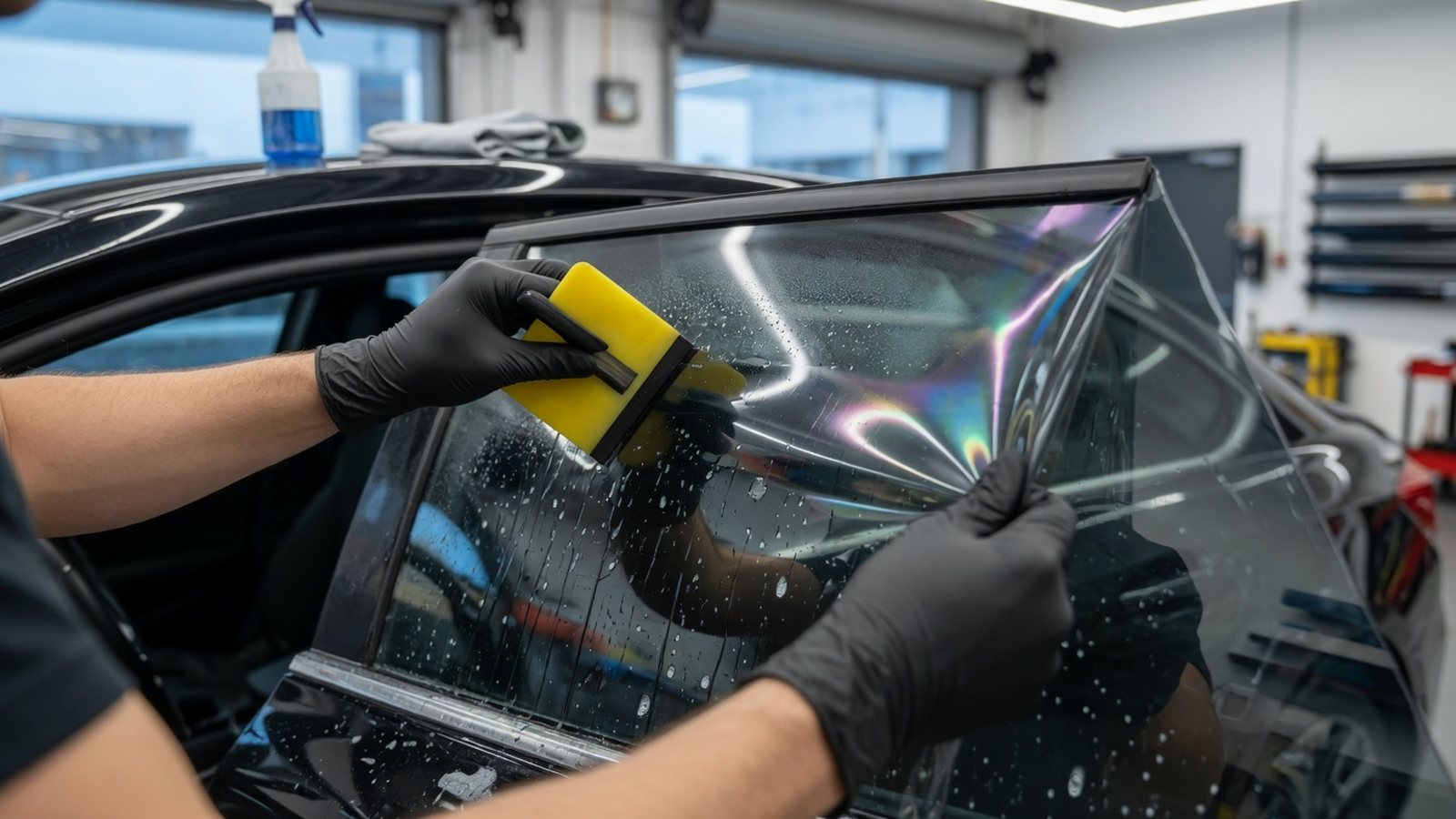 Technician applying window film to a sedan side window in a clean shop bay