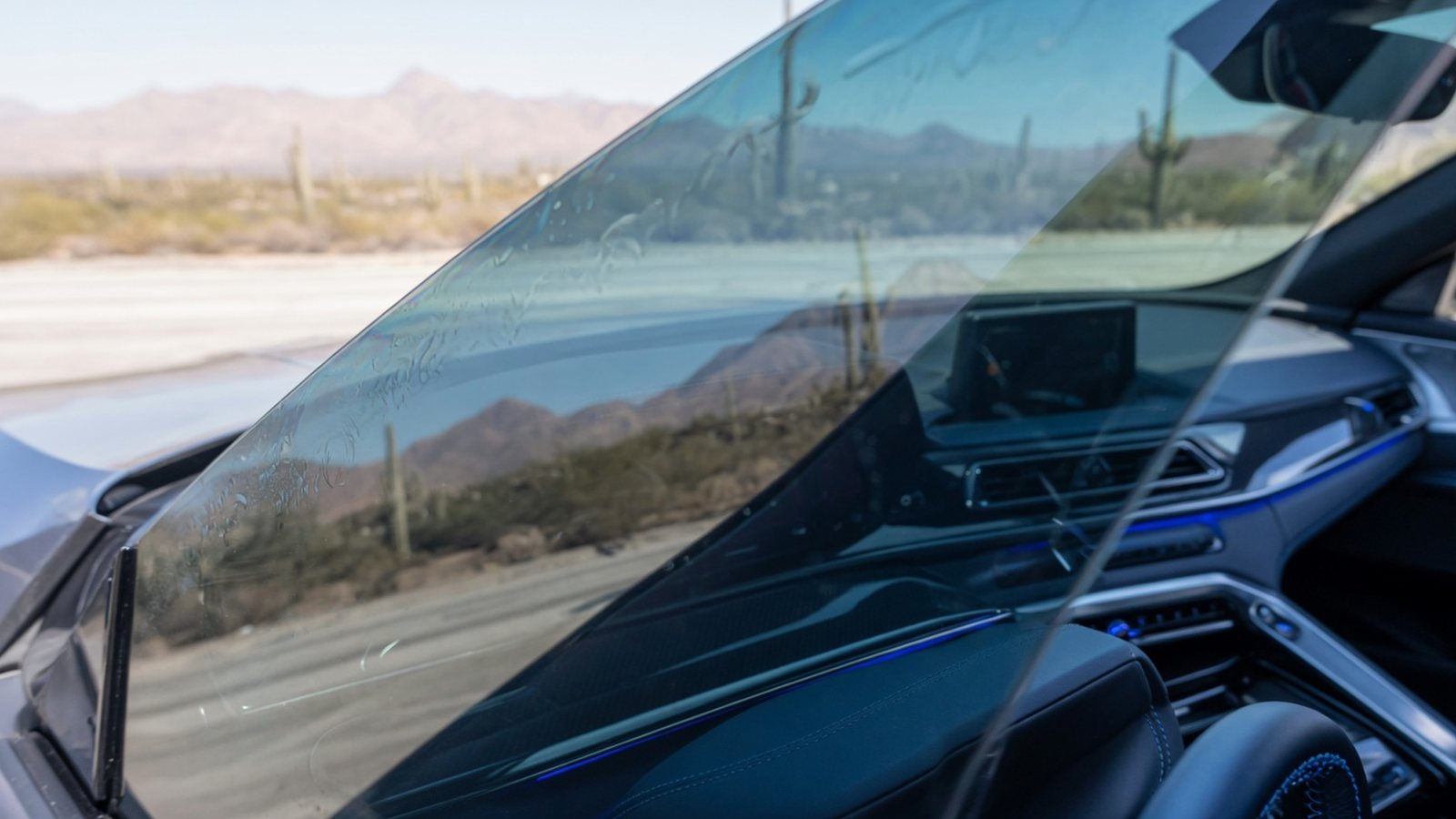 Cool-toned view through ceramic tinted automotive glass with reduced glare