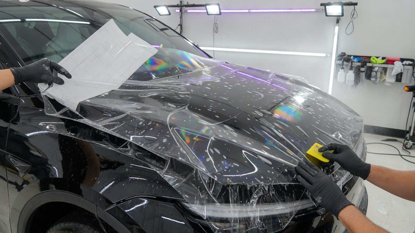 Clear paint protection film being applied to a glossy vehicle panel
