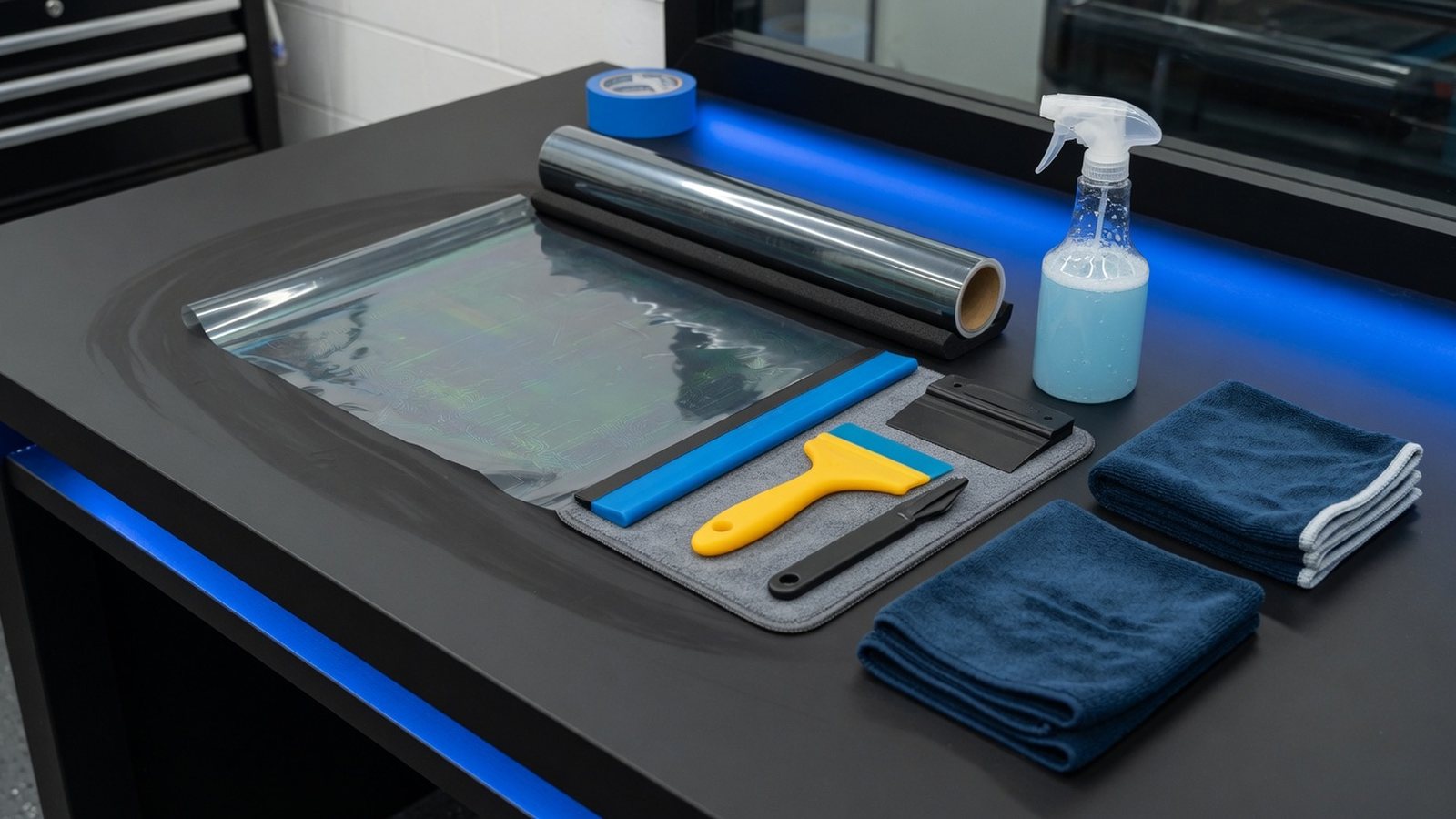 Organized tint tools and film roll on a clean workbench