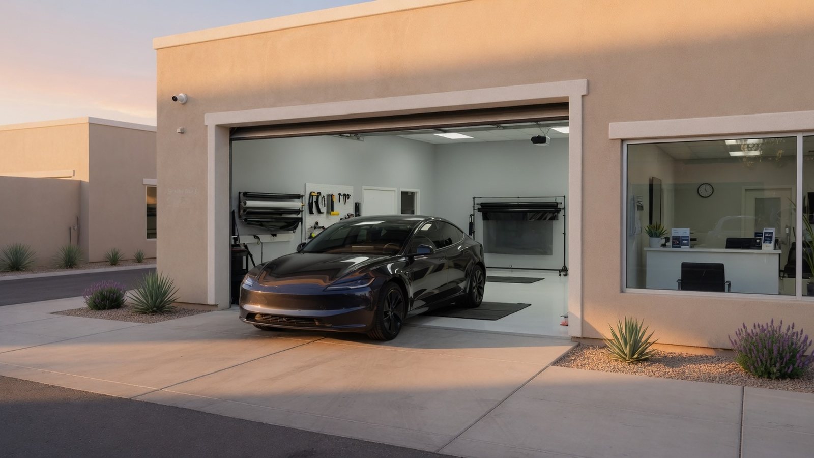 Vehicle arriving at a clean Chandler automotive tint shop bay