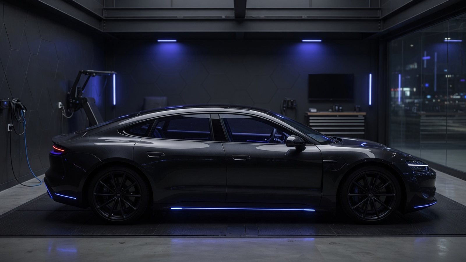Modern electric vehicle silhouette with tinted panoramic glass in a dark shop bay