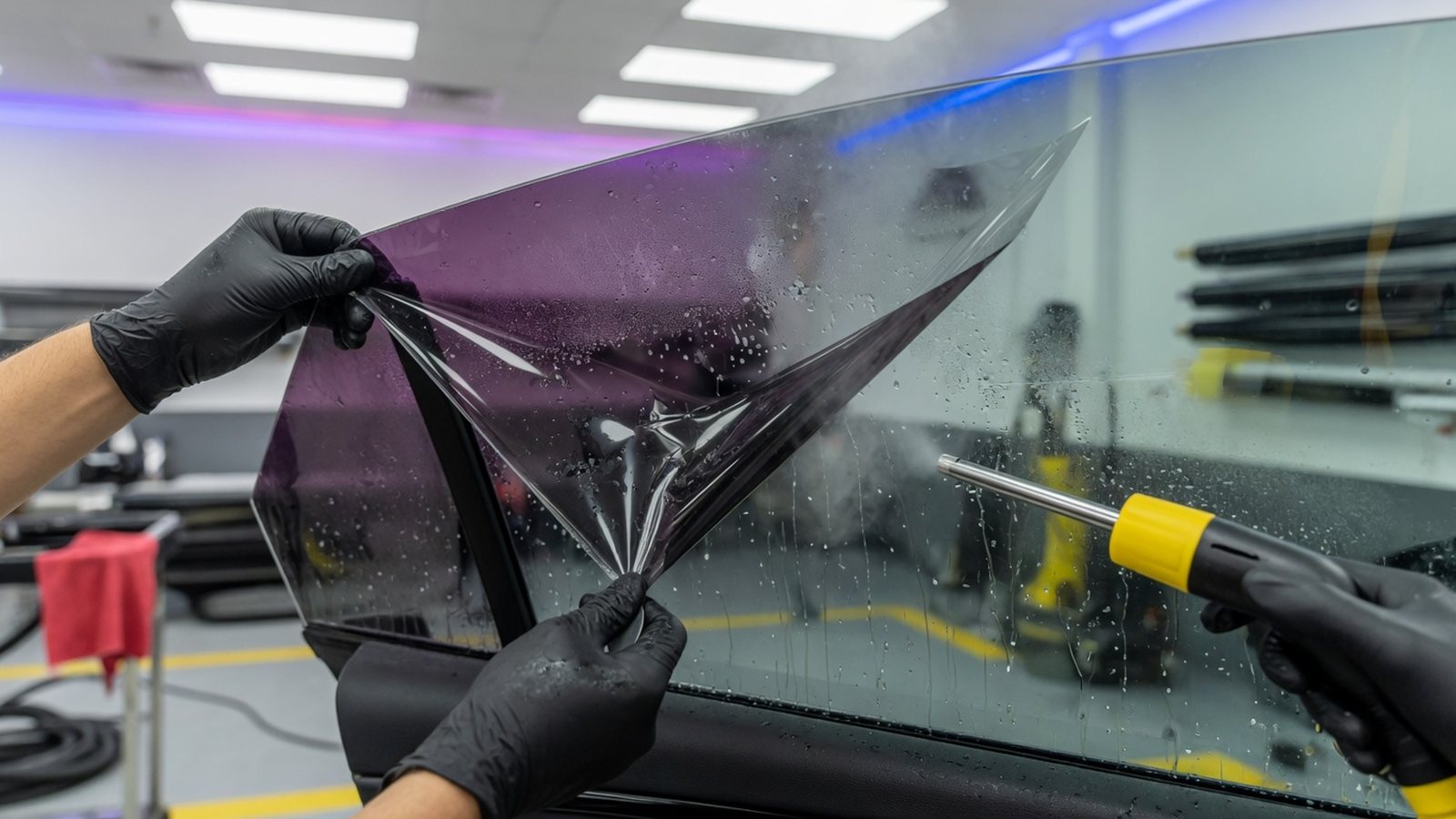 Technician carefully removing old window tint film from car glass